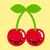 Two red cherry-shaped characters with green stems and leaves, each with a smiling face, set against a pale yellow background.
