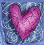 A pixelated heart icon in shades of pink and magenta against a blue gradient background with scattered light spots.