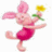 Pixelated cartoon pig character holding a yellow flower with green stem on white background, next to pink text reading "Piglet" on solid light purple background.