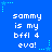 Blue background with white pixelated text reading "sammy is my bffl 4 eva!" repeated six times in a , surrounded by light blue star and dot patterns