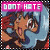 Pixelated image with pink banner reading 'DONT HATE' above a cartoon character with brown hair and blue clothing, holding a blue object.