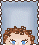 Pixel art animation of a character with curly brown hair and blue eyes peeking from a blue background, wobbling and raising a hand with a cursor icon.
