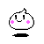 Pixelated white blob with pink cheeks and black eyes, smiling with a small mouth, standing on a black base, showing two distinct facial expressions across frames.