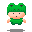 Animated pixel art contact sheet of a green frog-like character in various poses and expressions across 17 frames on gray background.