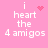 Pink background with white pixelated text reading 'i heart the 4 amigos' and animated red heart or starburst symbols above 'i'.
