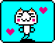 Pixel art contact sheet of two animated frames showing a white cat-like character with pink cheeks and brown ears against a cyan background, displaying heart symbols in the first frame.