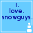 Light blue square icon with dark blue text reading "I. love. snowguys." and a white pixelated snowman graphic in the bottom-right corner.