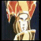 Animated sequence of a stylized character with golden hair and red-and-gold headpiece, showing facial expression changes against dark background.