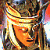 Pixelated image of a person with light brown hair wearing a golden crown, orange face, and dark clothing against a multicolored background.