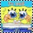 Pixelated cartoon character with large blue eyes and yellow sponge-like texture, wearing blue shorts over white underpants, standing against a checkered background with text above.