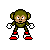 Pixel art character with green fur, white gloves, red boots with white stripes, brown face, and wide eyes in three poses against gray background.