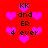 Red background with pink hearts and black text reading 'KK and ER 4 ever' in two vertical