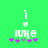 Pixelated green background with white 'i' and heart symbols above 'luke' text and purple/pink star-like shapes below.