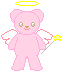 Pixelated pink teddy bear with angel wings and halo, holding a yellow star in four distinct poses.