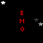 Red vertical text 'EMO' on black background with scattered white and gray stars, one gray rectangle in bottom-right corner.