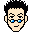 Pixelated avatar with black spiky hair, blue-tinted glasses, and two distinct facial expressions against a gray background.
