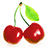 Pixelated cherry icon with green leaf on white background, paired with four distinct purple text blocks on bright pink backdrop.