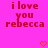 Pixelated red text on bright pink background reads 'i love you rebecca' with two orange heart symbols below.