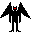 Two pixelated black figures with red eyes and bat-like ears stand side-by-side against a gray background, differing in foot shape.