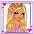 A 3x3 contact sheet of pixel art frames showing a blonde doll character in various poses and outfits with pink heart borders, including full-body shots, close-ups, text elements, and partial views.
