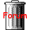 Four pixelated silver and black cylindrical objects with red 'Forum' text overlaid, arranged in a two-by-two on a gray background