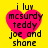Yellow background with four identical pink heart shapes containing black text reading 'i luv mcsurdy teddy joe and shane' in pixelated font.