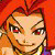 Pixelated cartoon-style icon of a character with red hair and brown eyes against an orange-red background, wearing yellow and purple clothing.