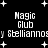 Black background with white pixelated text and star shapes, displaying repeated phrases 'Magic Club' and 'Stelliannoy' in a -like arrangement