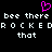 Pixelated text and a pink heart symbol on a black background, with repeated phrases and a stylized 'ROCKED' line.