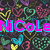 Pixelated image with four distinct sections: colorful hearts on dark background, rainbow hearts with 'Bella' text, pink and cyan hearts with 'BFFL' text, and empty gray space.