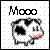 Pixelated cow icon with black-and-white patches, pink mouth, and 'Mooo' text above on dotted background.