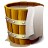 Pixelated image of a cylindrical wooden barrel with horizontal metal bands, viewed from a slightly elevated angle against a plain white background.