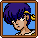 Pixel art character portraits with purple and black hair, blue backgrounds, brown frames, and vertical animation sequences showing head movements.