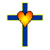 A blue cross with yellow outline and orange-yellow heart at center on white background, next to green text 'Original Icons .com' on dark green background.