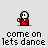 Pixel art character in red outfit with white face and black eyes, performing sequential dance poses beneath text "come on lets dance" on light gray background.
