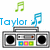 Pixel art of a silver boombox with black speakers, blue and pink buttons, green musical notes above, and 'Taylor' text in varying colors.