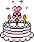 Pixelated birthday cake with pink and white layers, three lit candles, and a pink heart-shaped topper with a bow, surrounded by small black stars on a gray background.