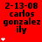 Red background displays repeated text '2-13-08 carlos gonzalez ily' with white star icons varying in quantity per