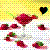 Pixelated image of a red flower with green leaves on white background, yellow gradient top section, black heart shape in upper right corner.