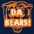 Orange bear head outline with white text overlays on dark blue background; two versions show different text while one shows the base design.