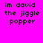 Pixelated text reads "im davoid the jiggle popper" on a bright pink background with a blue gradient overlay in the lower-left corner.