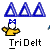 Pixel art character in yellow shirt and blue bow with three blue triangles above, transitioning from static to water splash effects.