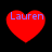 Four red heart shapes with blue text "Lauren" on a black background, each heart displaying different pixelation and edge clarity.