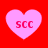 Four pink heart-shaped icons with red 'SCC' text on a solid red background, arranged in a