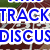A track and field scene with numbered lanes, blue text overlays reading "TRACK" and "DISCUS," and a visible athlete in the background.