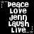 Black background with white pixelated text arranged in vertical , each containing 'peace', 'love', 'jenn', 'laugh', 'live', surrounded by small white stars and dotted lines