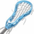Pixelated blue lacrosse stick with white mesh netting on white background, green text "Love" and "Lacrosse" on cyan background with heart symbols.
