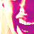 A pixelated static image shows a figure with white hair and pink clothing against a gradient background of purple, magenta, and yellow hues.