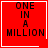 Red square icon with black text "ONE IN A MILLION" and white border; four variations show different corner symbols.
