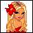 Pixel art contact sheet showing a blonde character with red flower accessory and text frames on red radial background